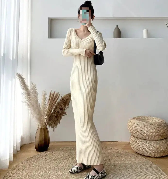 V-neck Knitted Dress Women's Slim Bottoming Shirt