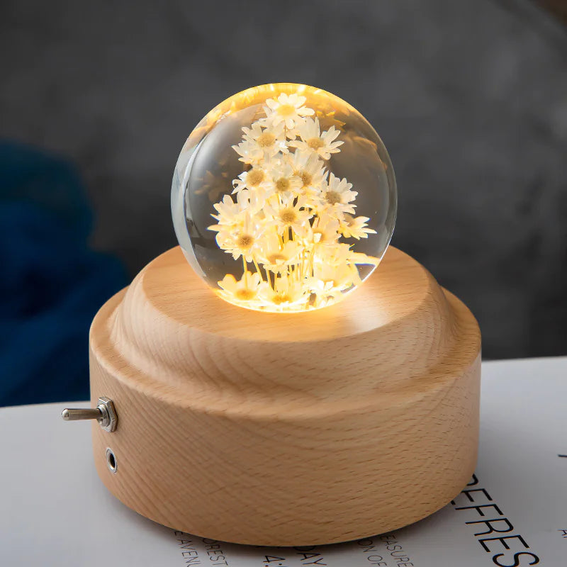 LED Flower Crystal Ball Night Light with Wooden Base