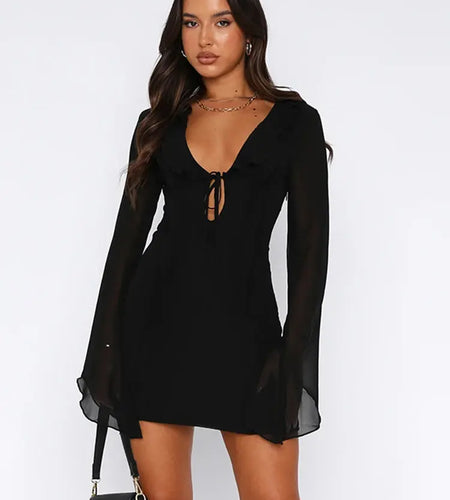 InstLike-Hollow Out Flare Sleeve Mini Dress