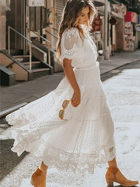 Load image into Gallery viewer, Hollow Out White Dress Sexy Women Lace Long Dress
