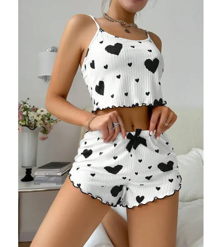 Heart Printing Suspender Shorts Casual Sunken Stripe Outerwear European And American Style Women Pajamas