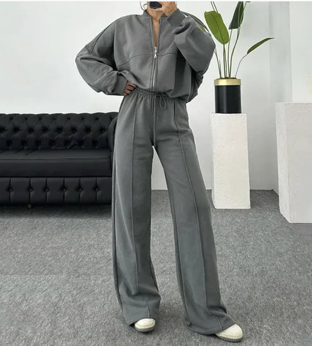 Solid Color Zip-Up Sweater and Casual Trousers Set