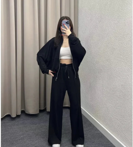 Solid Color Zip-Up Sweater and Casual Trousers Set