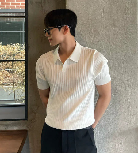 Men's Slim Fit Striped Polo – Korean Style Short Sleeve Knit