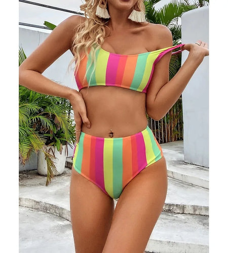 High Waist Striped Swinsuit