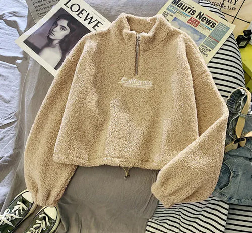 Load image into Gallery viewer, Cut Waist Sweater Lamb Velvet Coat Thick Embroidered California Letters
