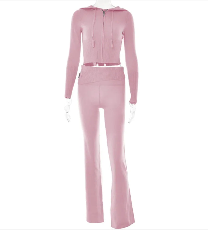 Cross-Border Knitted Hooded Suit - Fashionable High-Waist Two-Piece Set with Long Sleeves and Trousers