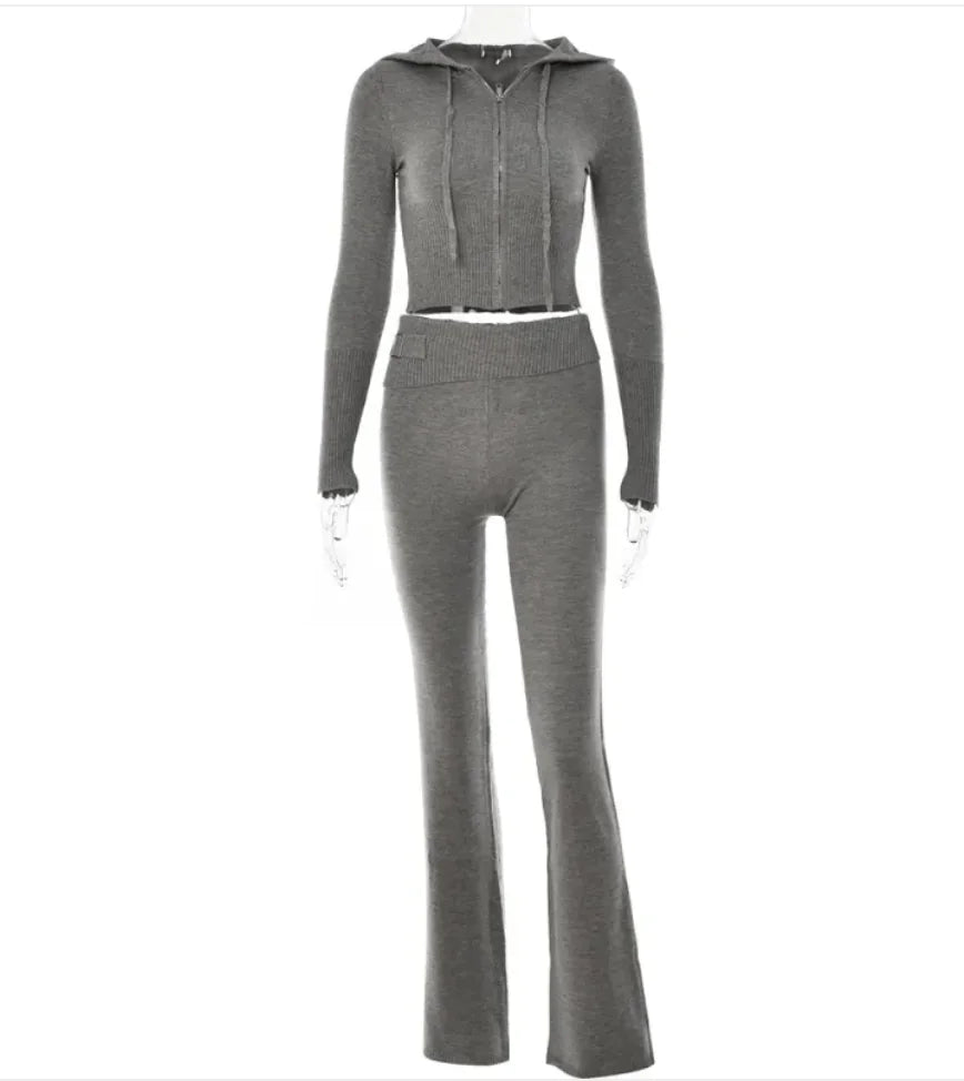 Cross-Border Knitted Hooded Suit - Fashionable High-Waist Two-Piece Set with Long Sleeves and Trousers