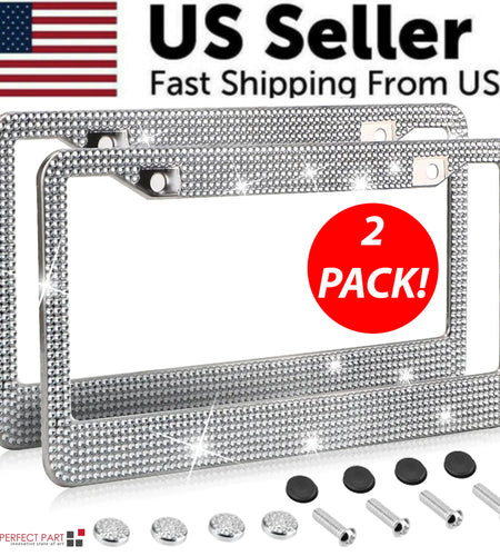 2PCS Bling License Plate Frame Glitter Crystal Sparkling Rhinestone Diamond Caps