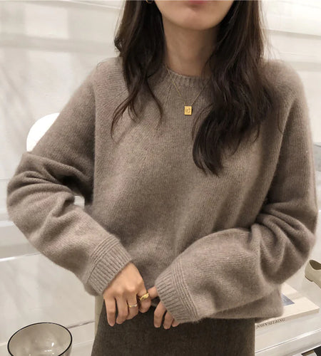 Basic Woolen Loose Round Neck Sweater For Women