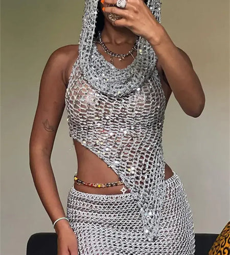Summer Knit Hollow Outfits Sleeveless Club Set