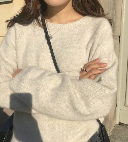 Basic Woolen Loose Round Neck Sweater For Women