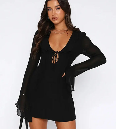 InstLike-Hollow Out Flare Sleeve Mini Dress