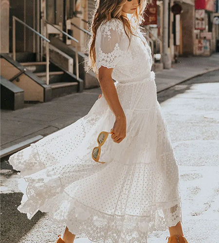 Hollow Out White Dress Sexy Women Lace Long Dress