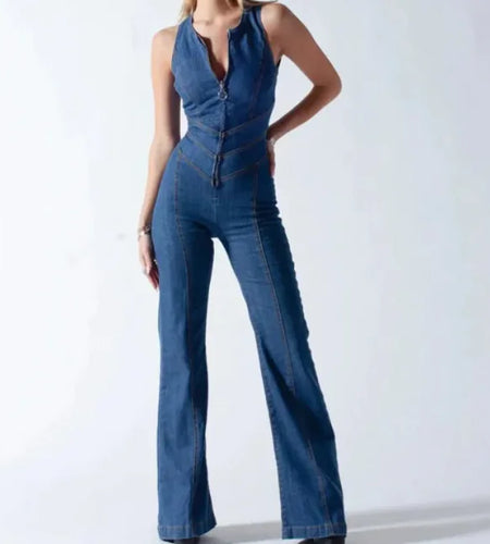 High-Waist Retro Slim Denim Jumpsuit