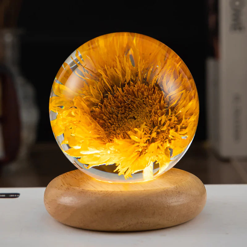 LED Flower Crystal Ball Night Light with Wooden Base