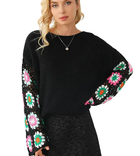 Women's Casual Loose Floral Crochet Knitted Sweater