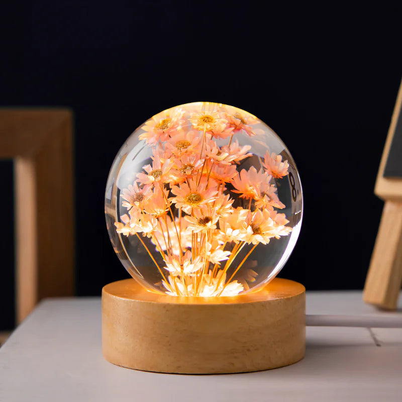 LED Flower Crystal Ball Night Light with Wooden Base