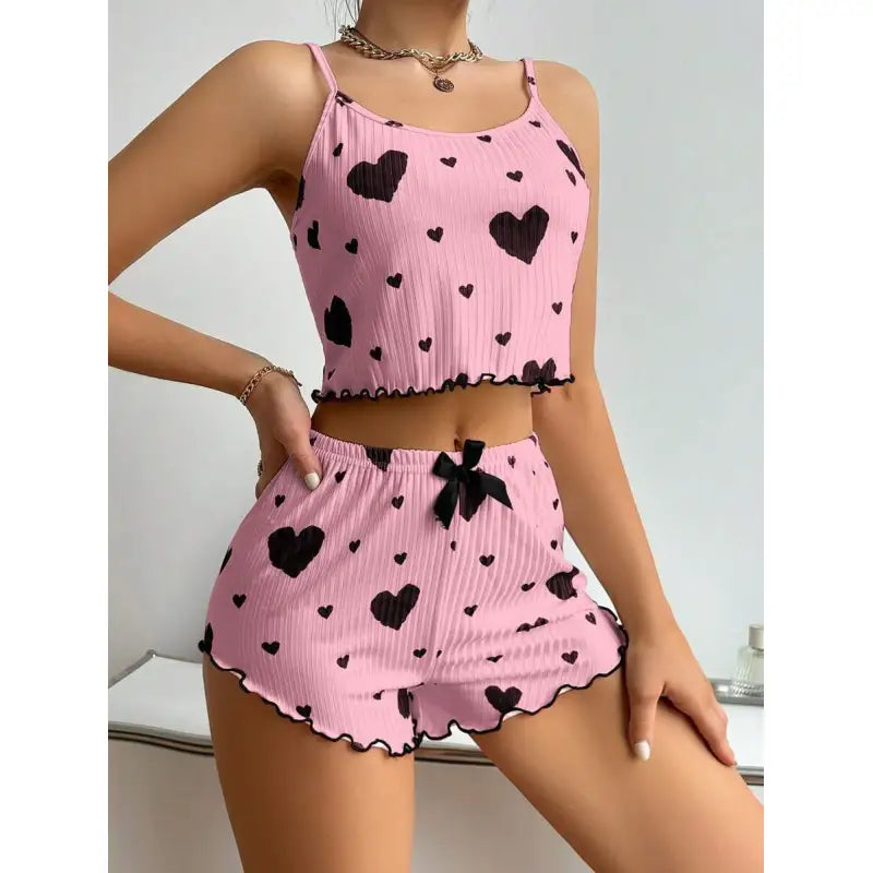 Heart Printing Suspender Shorts Casual Sunken Stripe Outerwear European And American Style Women Pajamas