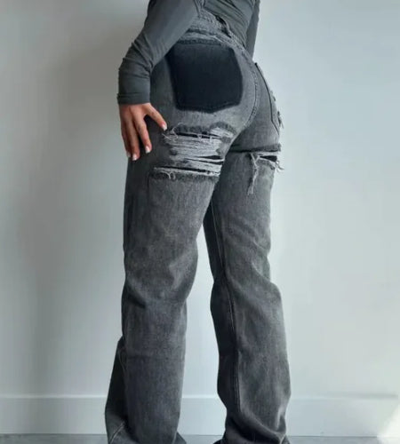 Light Blue Low Waist American Straight Ripped Pants