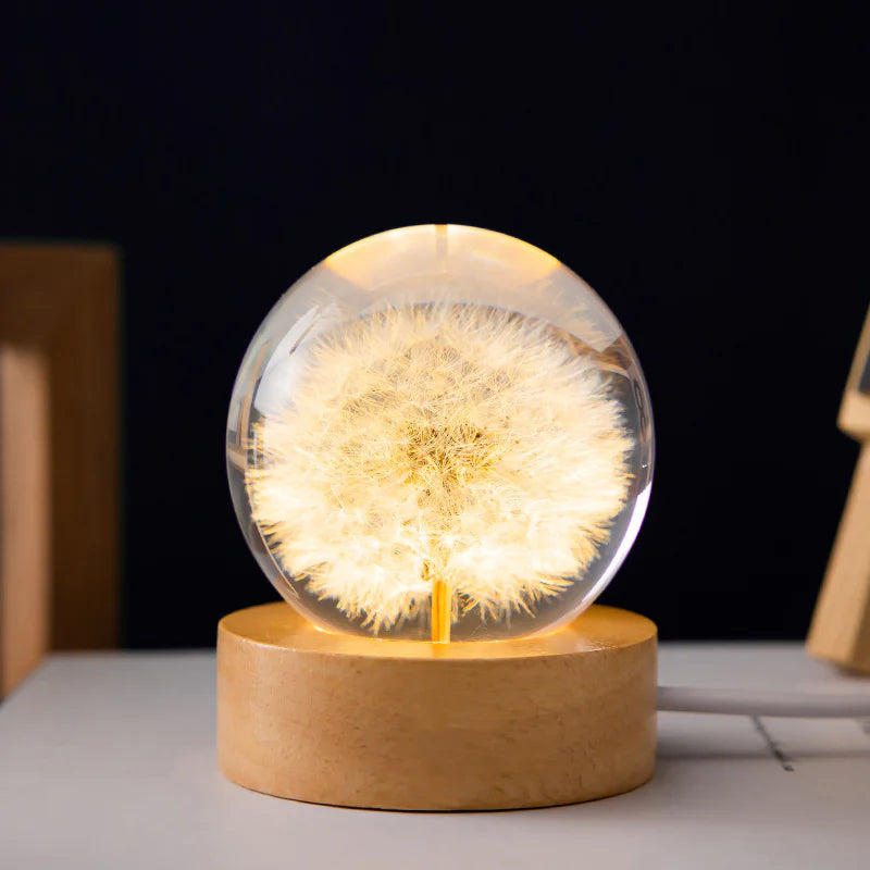 LED Flower Crystal Ball Night Light with Wooden Base