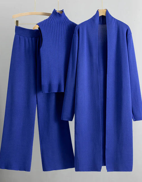 Load image into Gallery viewer, Women&#39;s 3-Piece Knit Set: Sleeveless Vest, Long Cardigan, and Wide-Leg Pants
