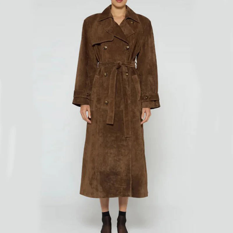 Vintage Suede Belted Long Coat