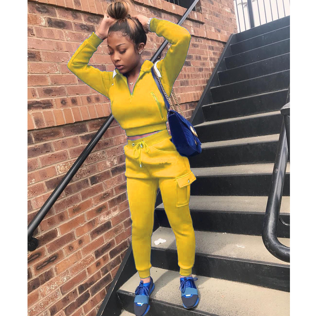 Autumn Winter Women's Color Block Hoodie Set