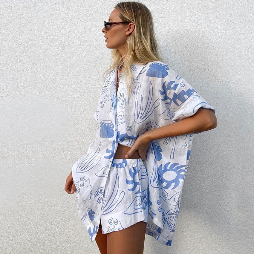 2023 Spring Summer Women's Printed Two-Piece Pajamas Set