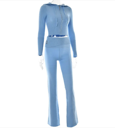 Cross-Border Knitted Hooded Suit - Fashionable High-Waist Two-Piece Set with Long Sleeves and Trousers