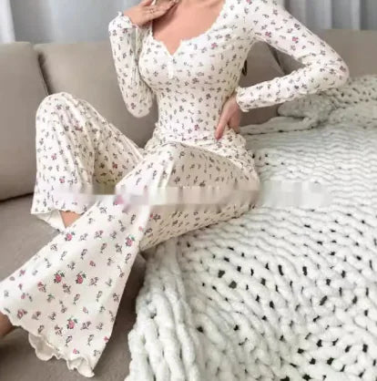 Floral Print Lettuce Edge Lace Collar Button Pajamas