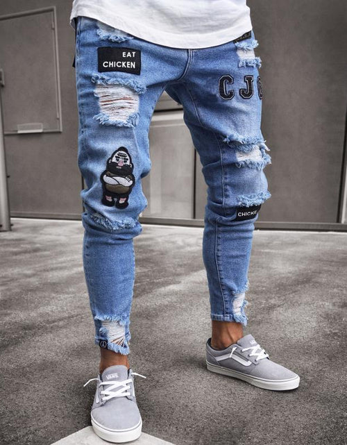 Load image into Gallery viewer, Men's Skinny Ripped Denim Pants with Patch Details
