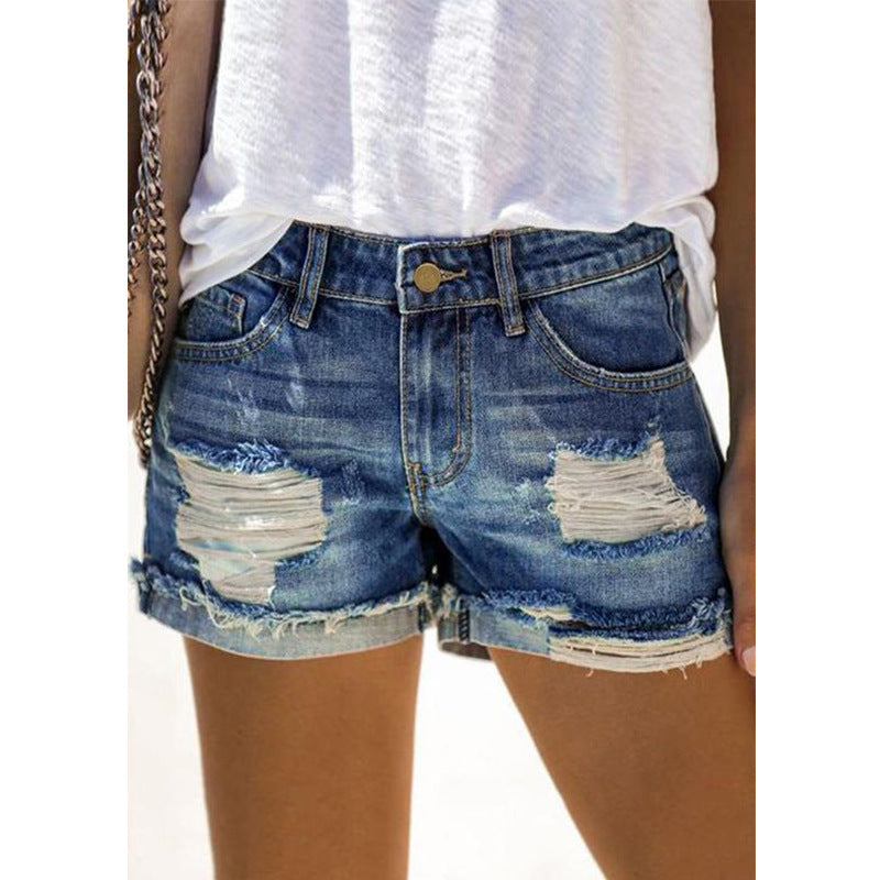 High Waist Ripped Denim Shorts with Patch Print