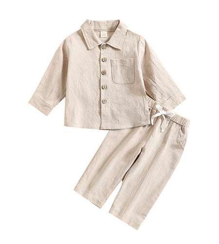 Boys' Cotton Linen Standing Collar Casual Outfit Set