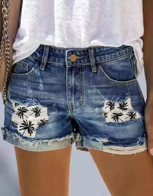 Load image into Gallery viewer, High Waist Ripped Denim Shorts with Patch Print
