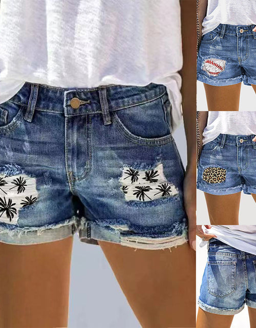 Load image into Gallery viewer, High Waist Ripped Denim Shorts with Patch Print
