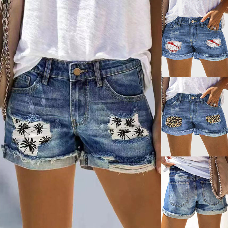 High Waist Ripped Denim Shorts with Patch Print