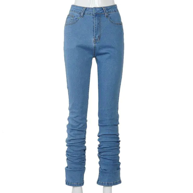 High Wait Stacked Blue Denim Skinny Jeans