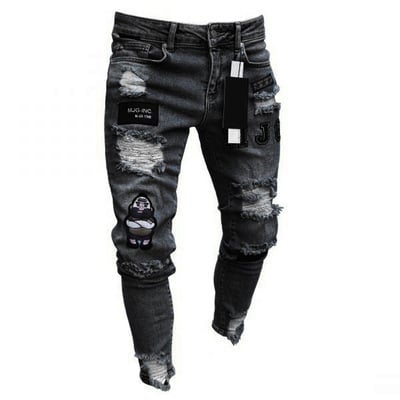 Men's Skinny Ripped Denim Pants with Patch Details