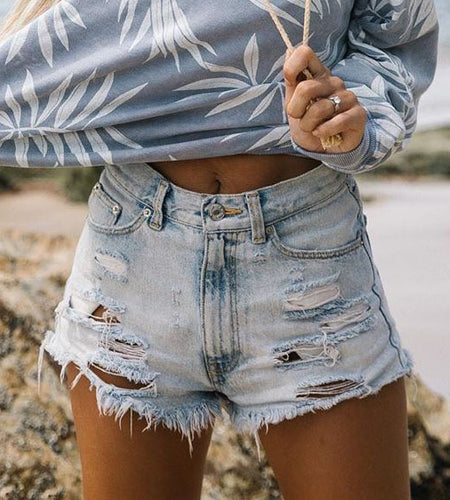 High Waist Ripped Denim Shorts with Tassels for Women