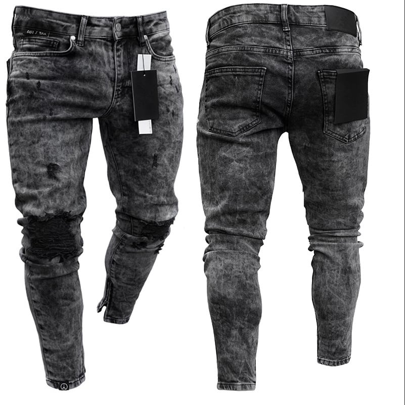 Men's Skinny Ripped Denim Pants with Patch Details