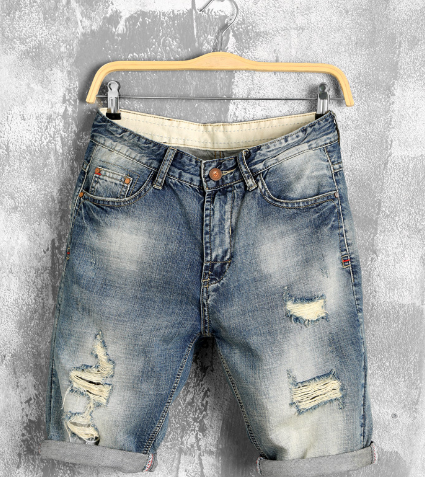Men's High-Waisted Ripped Cotton Denim Shorts