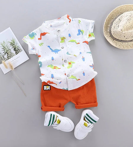 2021 Cartoon Dinosaur Print Toddler Boy Summer Set: Shirt + Pants