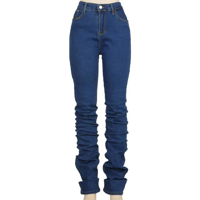 High Wait Stacked Blue Denim Skinny Jeans