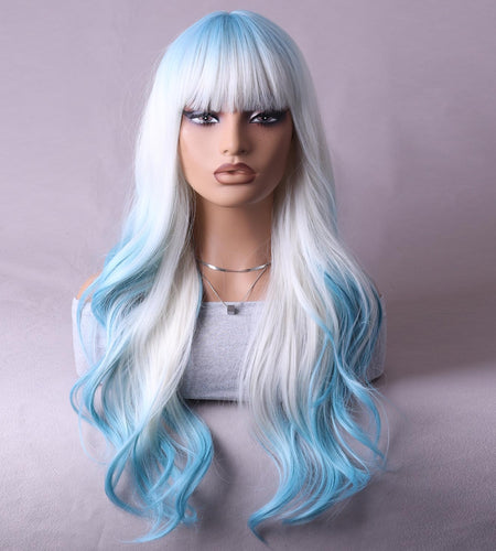 (Black Owned) Blue Ombre Wig Long Wavy Wig Ombre Blue Wig with Bangs Blue Wigs with Wig Cap