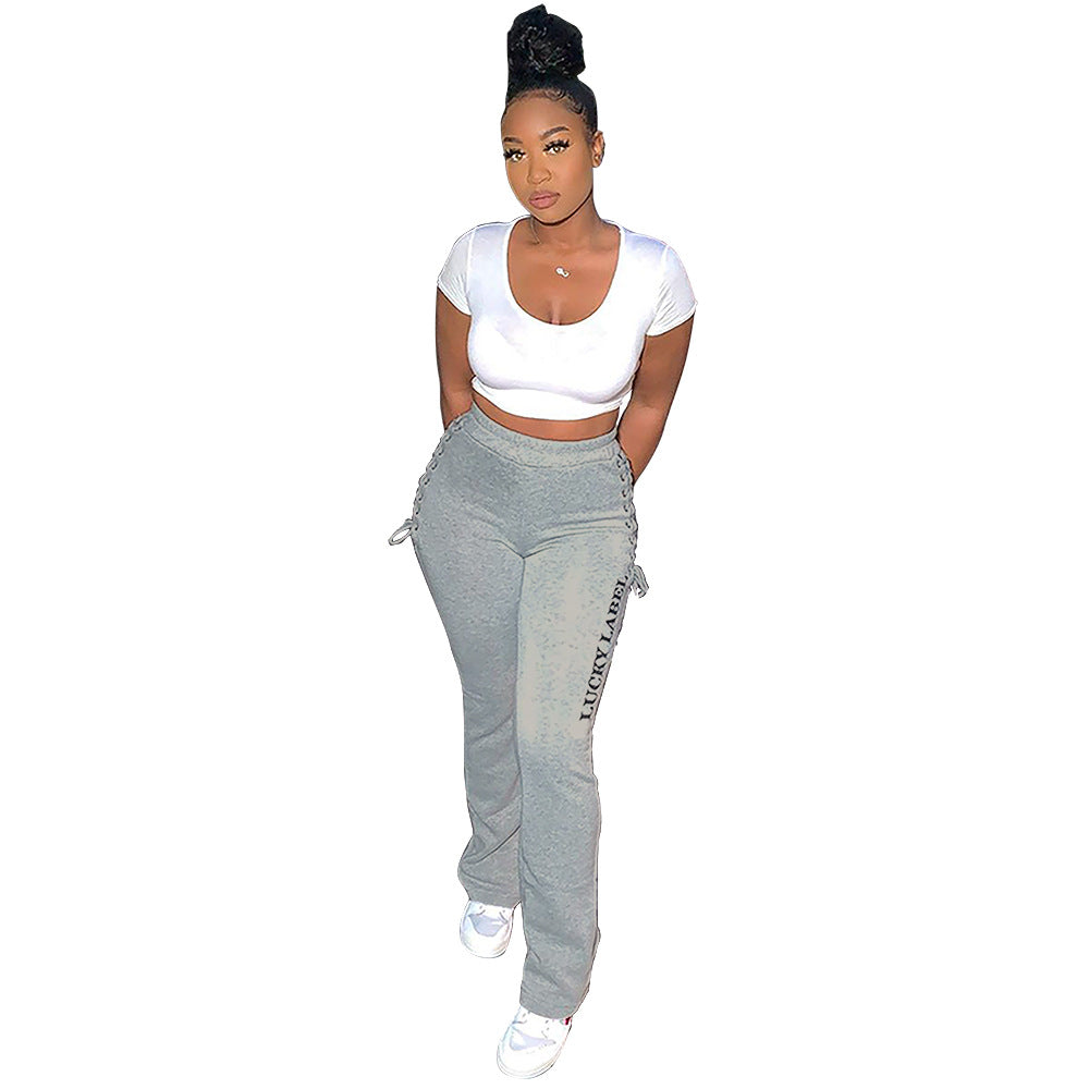 Women's Solid Color Casual Pants with Side Eyelet Design