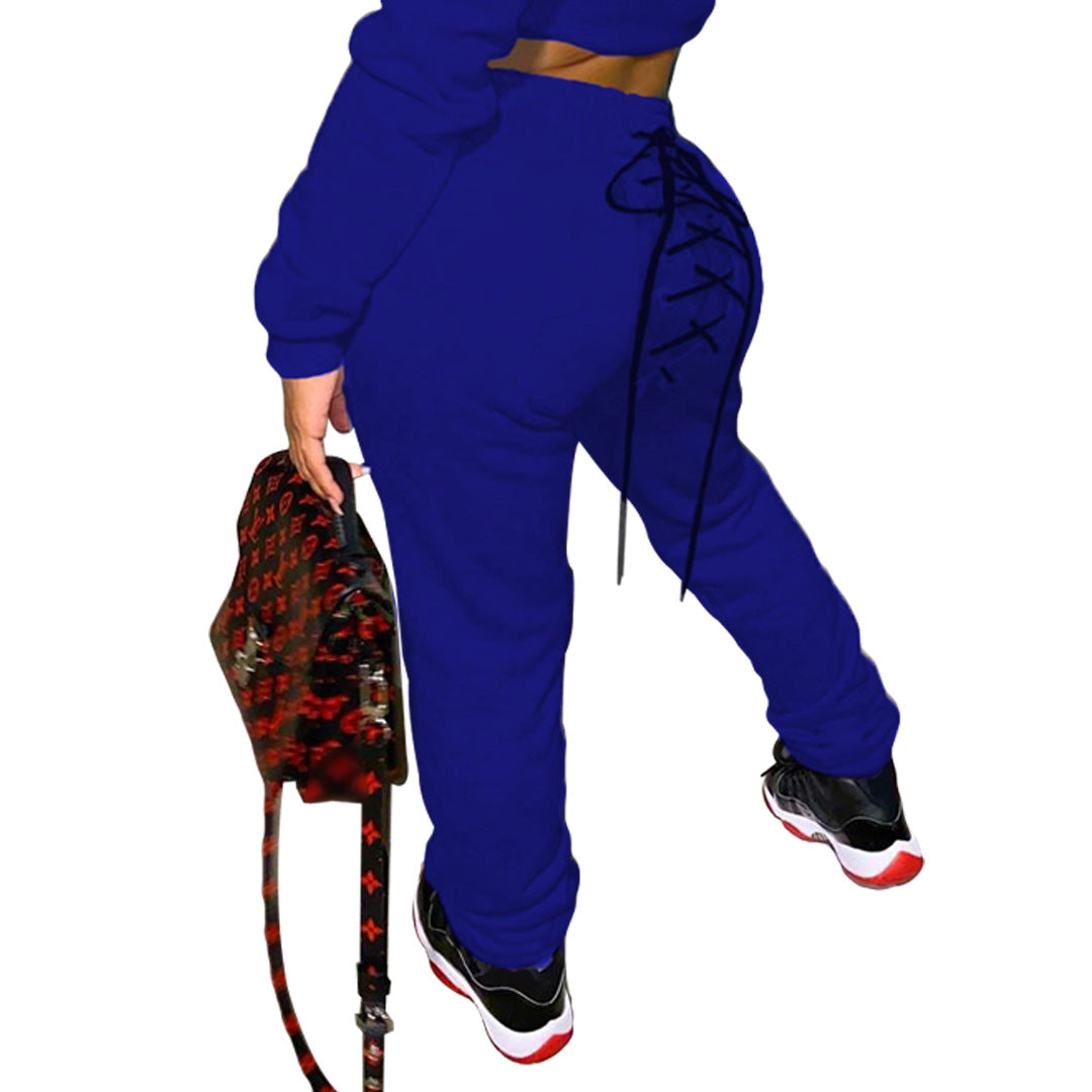 Solid Color Casual Eyelet Sweater and Sweatpants Set