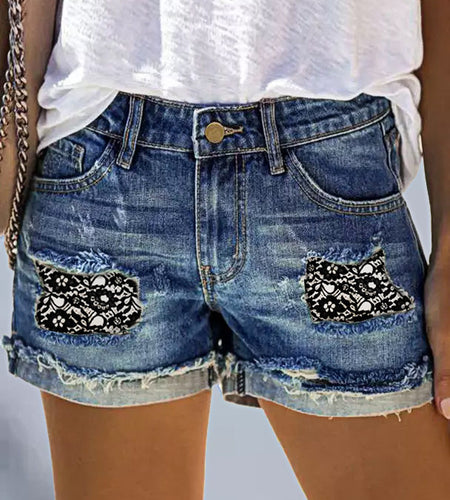 High Waist Ripped Denim Shorts with Patch Print