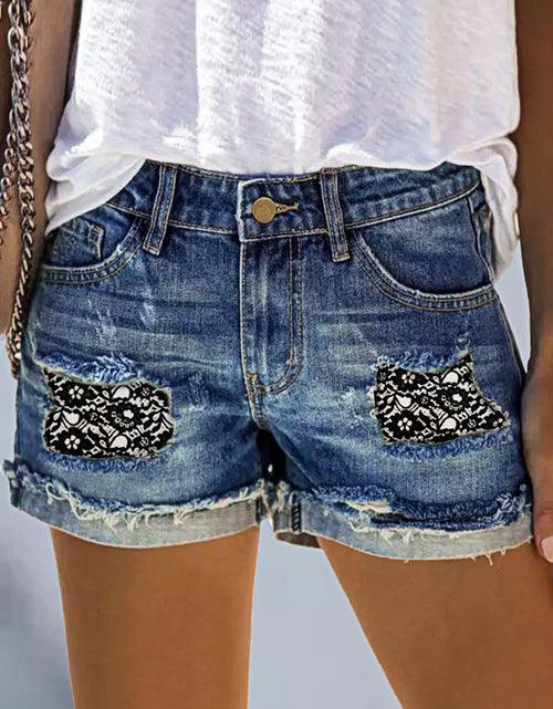 Load image into Gallery viewer, High Waist Ripped Denim Shorts with Patch Print
