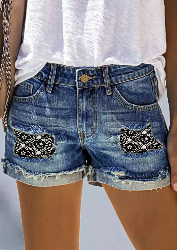 High Waist Ripped Denim Shorts with Patch Print
